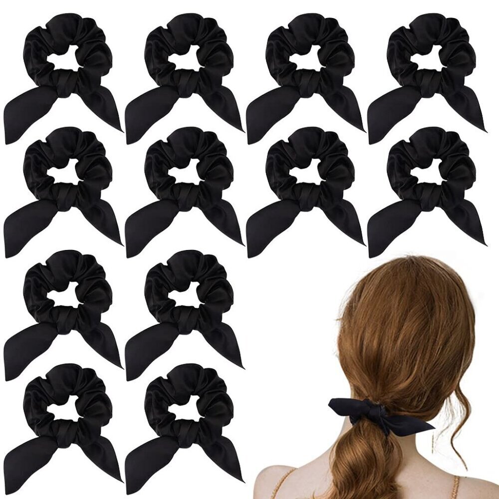 12 Pack Adorable Black Bow Hair Ties for Women - Satin Bunny Ear Scrunchies with